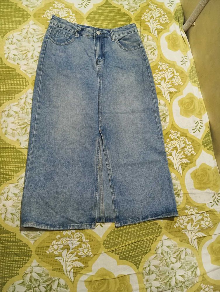 Light Wash Denim Maxi Skirt with Slit