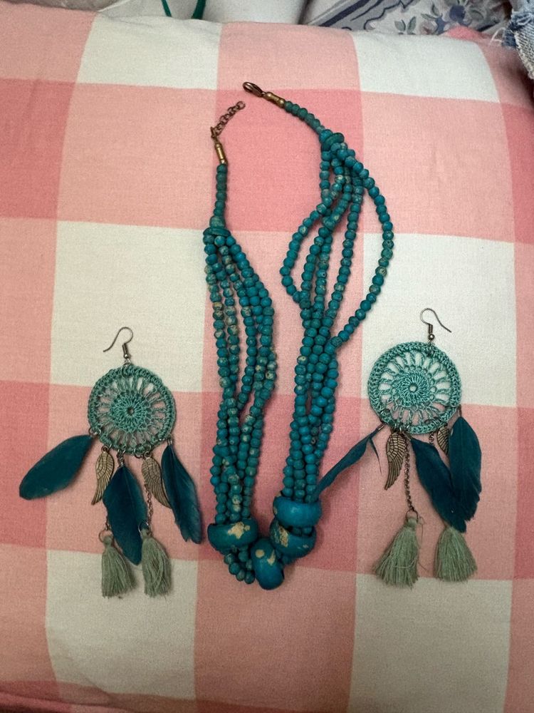 Boho Turquoise Beaded Necklace &amp; Dreamcatcher Earr