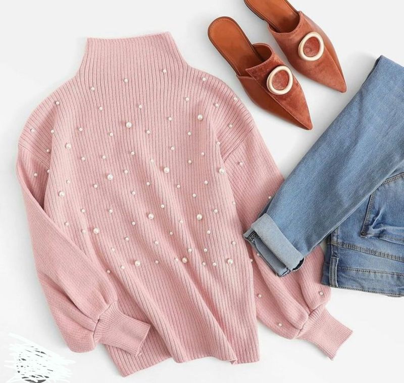 Pearl Embellished Mock Neck Sweater