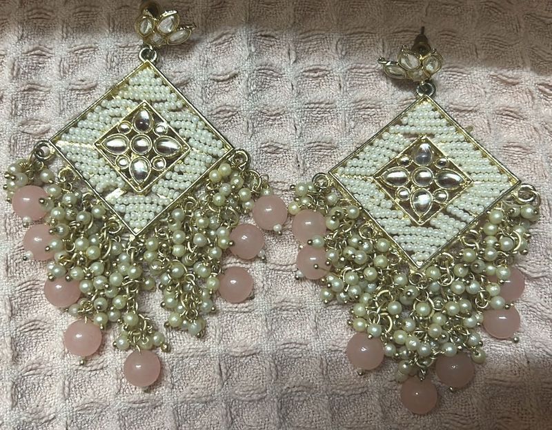 Elegant Pearl &amp; baby pink Gold Earrings