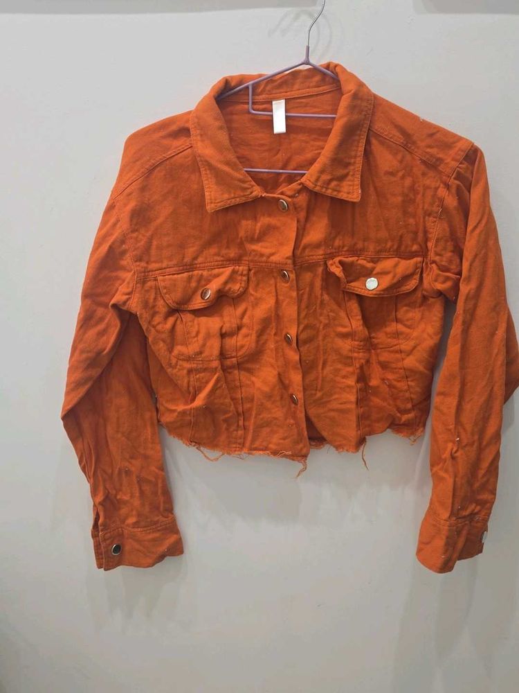 Orange Cropped Denim Jacket