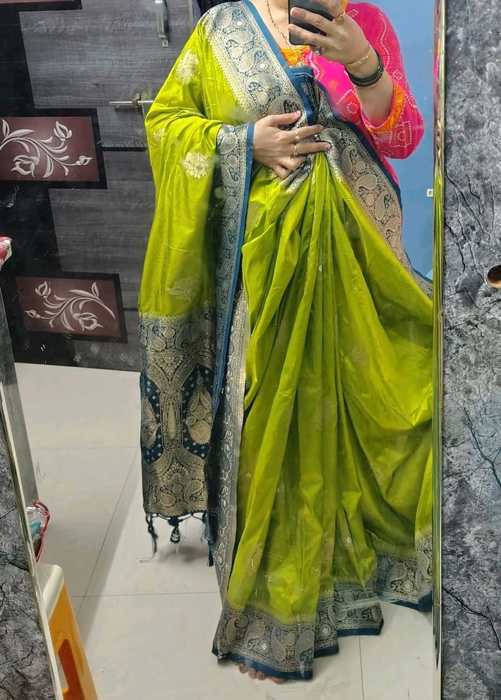 pure dola silk soft mehedi green with peacock Blue