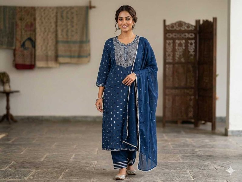 Stylish Blue Cotton Kurta Set with Dupatta