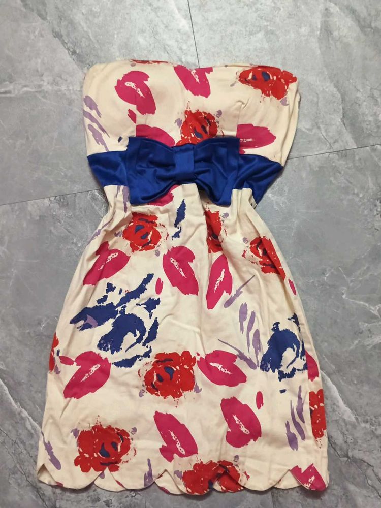 Floral Print Strapless Bow Dress
