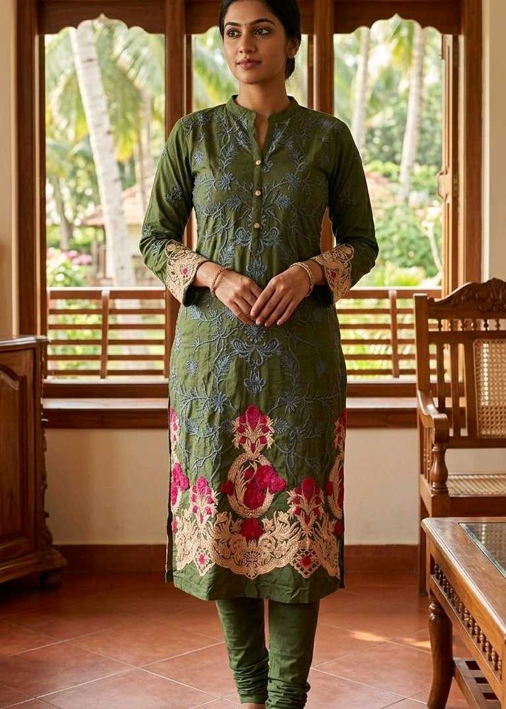 Embroidered Green Kurta Set