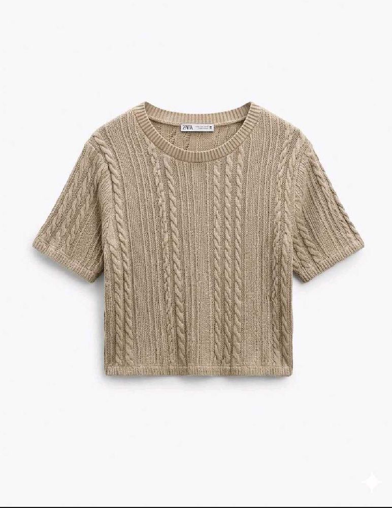 Zara Cable Knit Short Sleeve Top