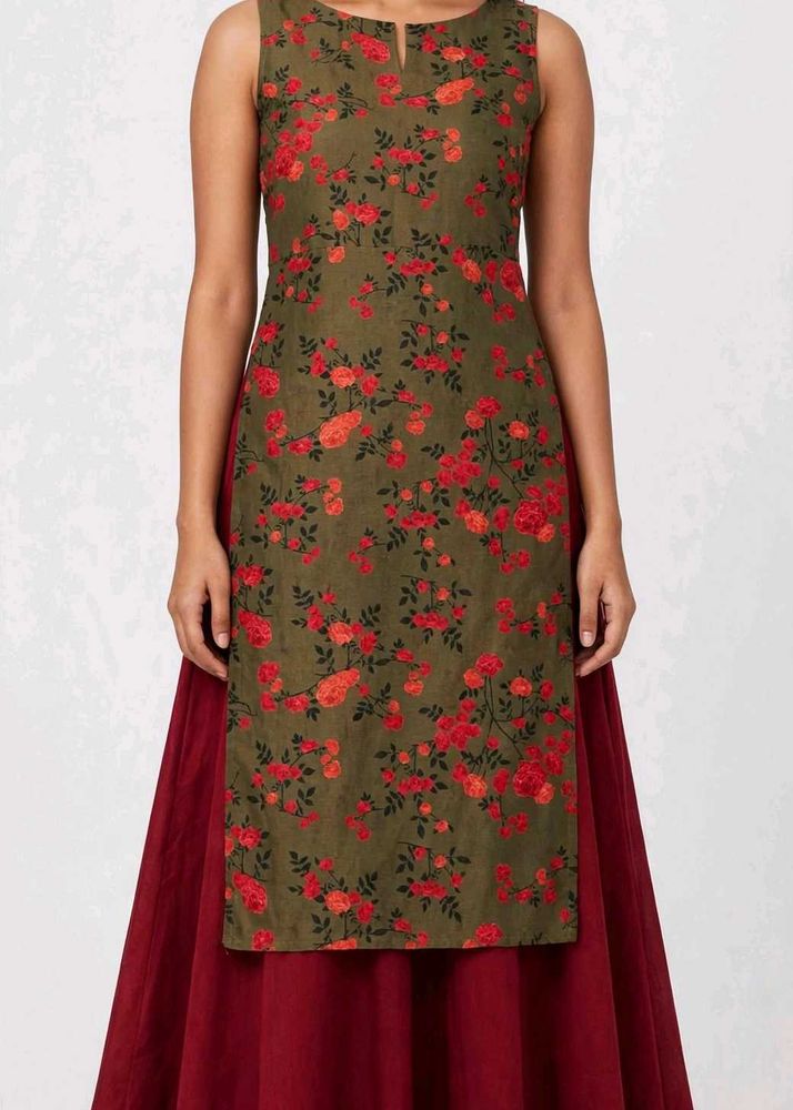 Olive Floral Kurta With Maroon Skirt Set