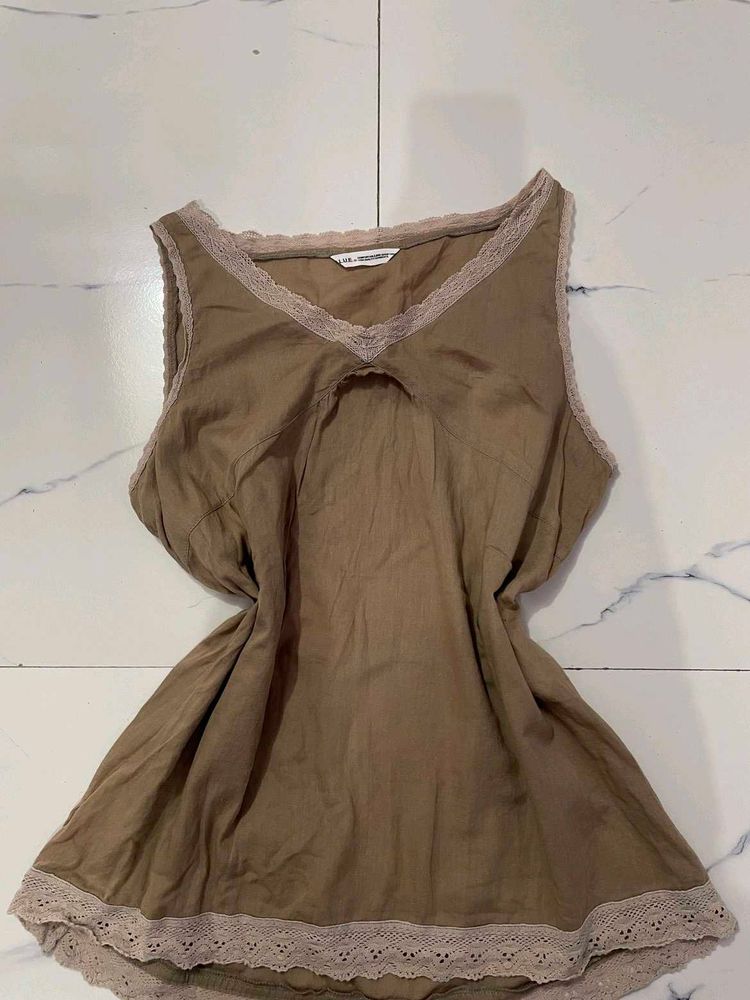 Cute Lace Trimmed Brown Tank Top