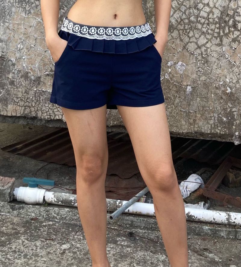 Navy Blue Ruffle Shorts with Lace Detail
