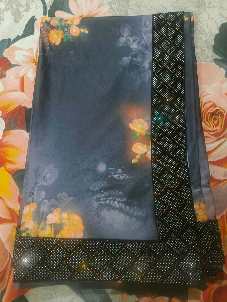 Designer Grey Floral Saree with Embellishments