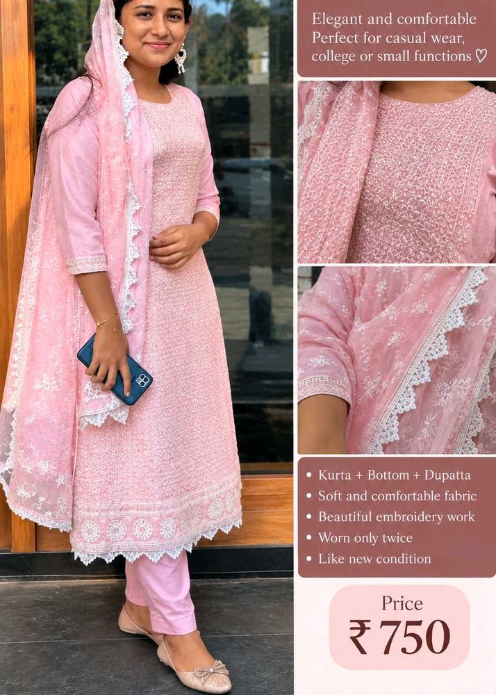 Pink Embroidered Kurta Set with Dupatta