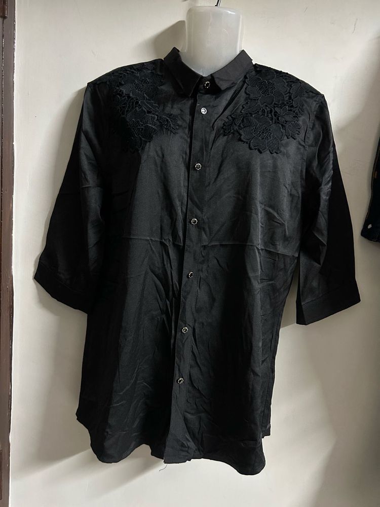 Elegant Black Lace Trimmed Button-Up Shirt