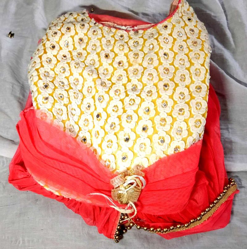 women umbrella dress red and gold colour