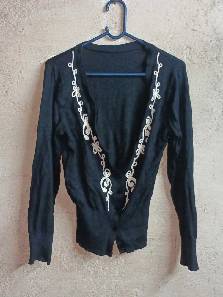 Black Cardigan with White Embroidery