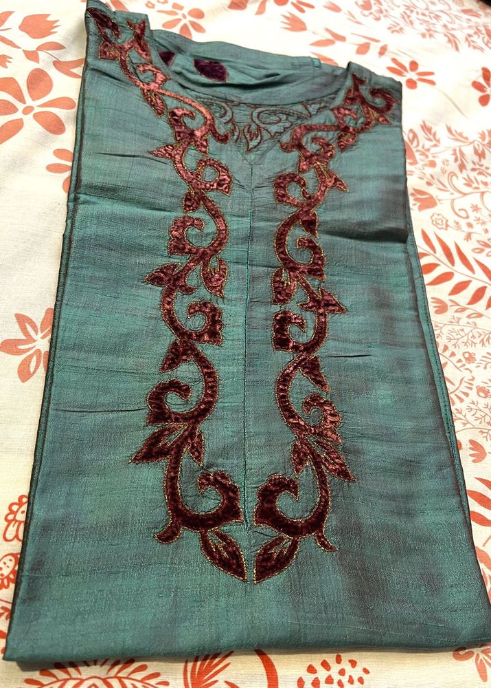 Elegant Teal Kurta with Maroon Velvet Embroidery