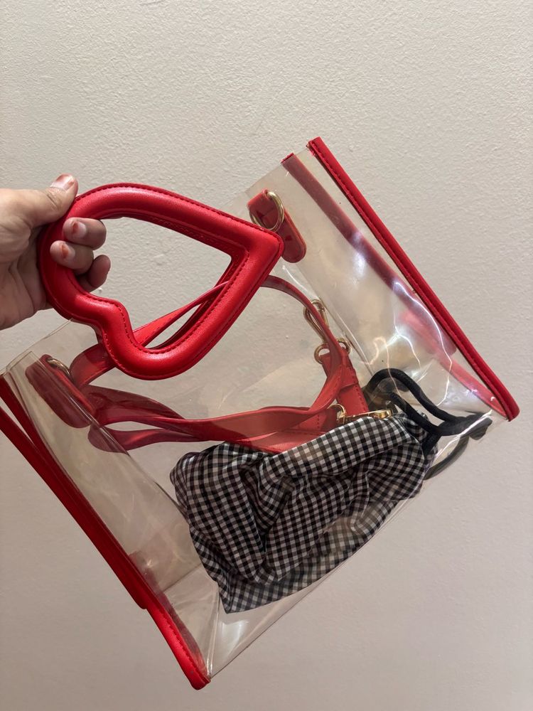 Chic Transparent Tote Bag with Red Heart Handles