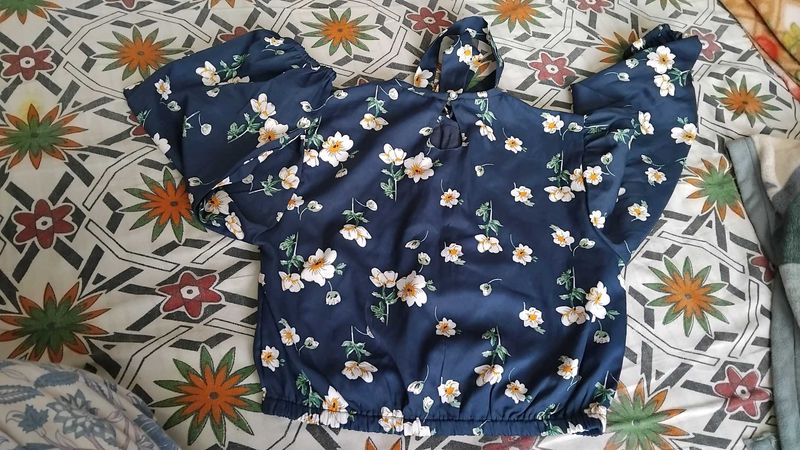 Navy Floral Print Top with Tie Detail