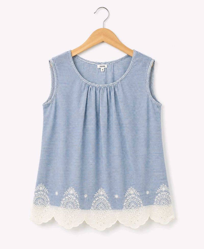 Blue Striped Sleeveless Top with Lace Trim