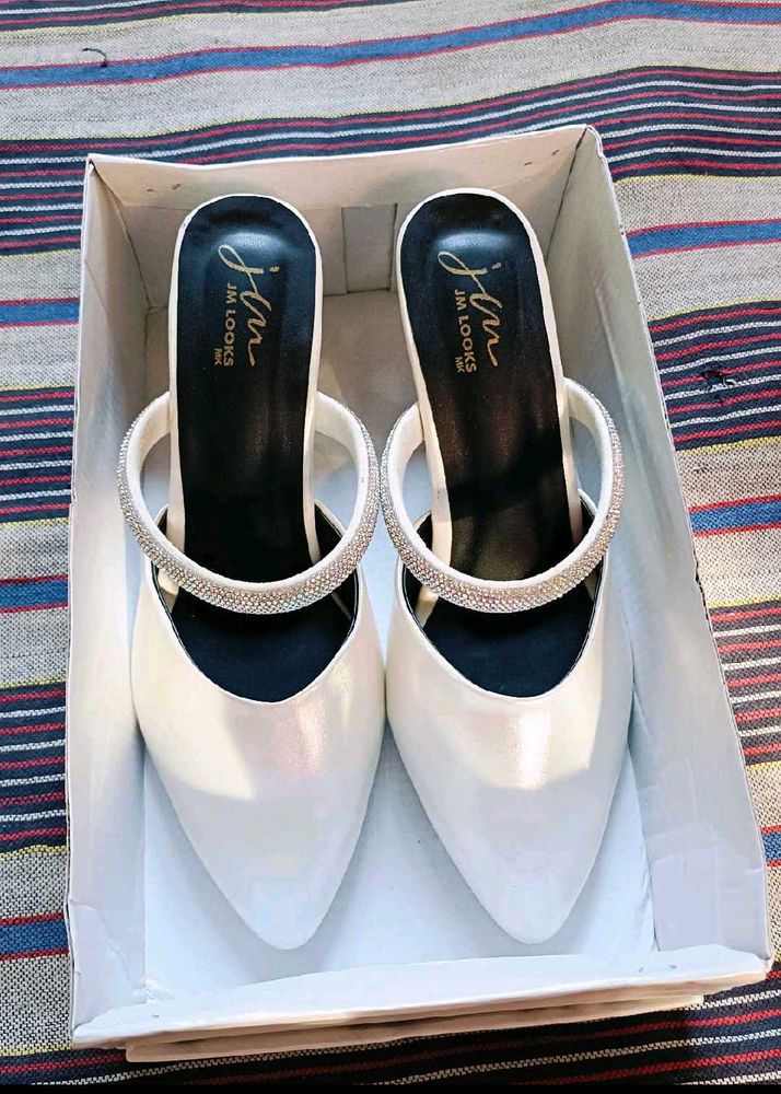 Elegant White Mules with Sparkle Strap