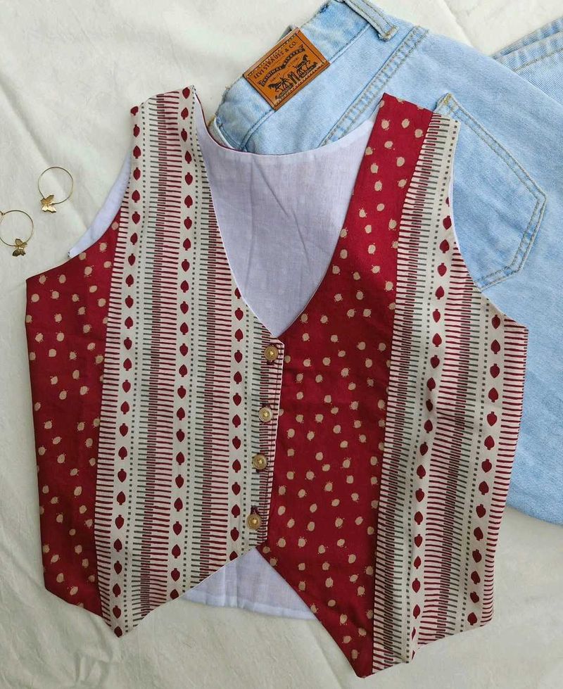 Handmade  Red &amp; Cream Patterned Vest Top
