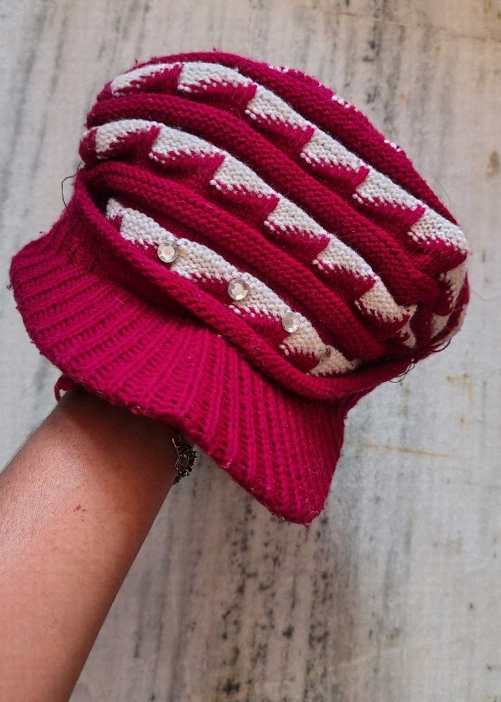 Red &amp; White Knit Visor Beanie