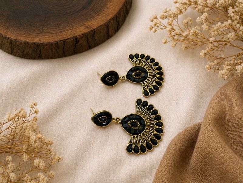Elegant Black Fan-Shaped Earrings