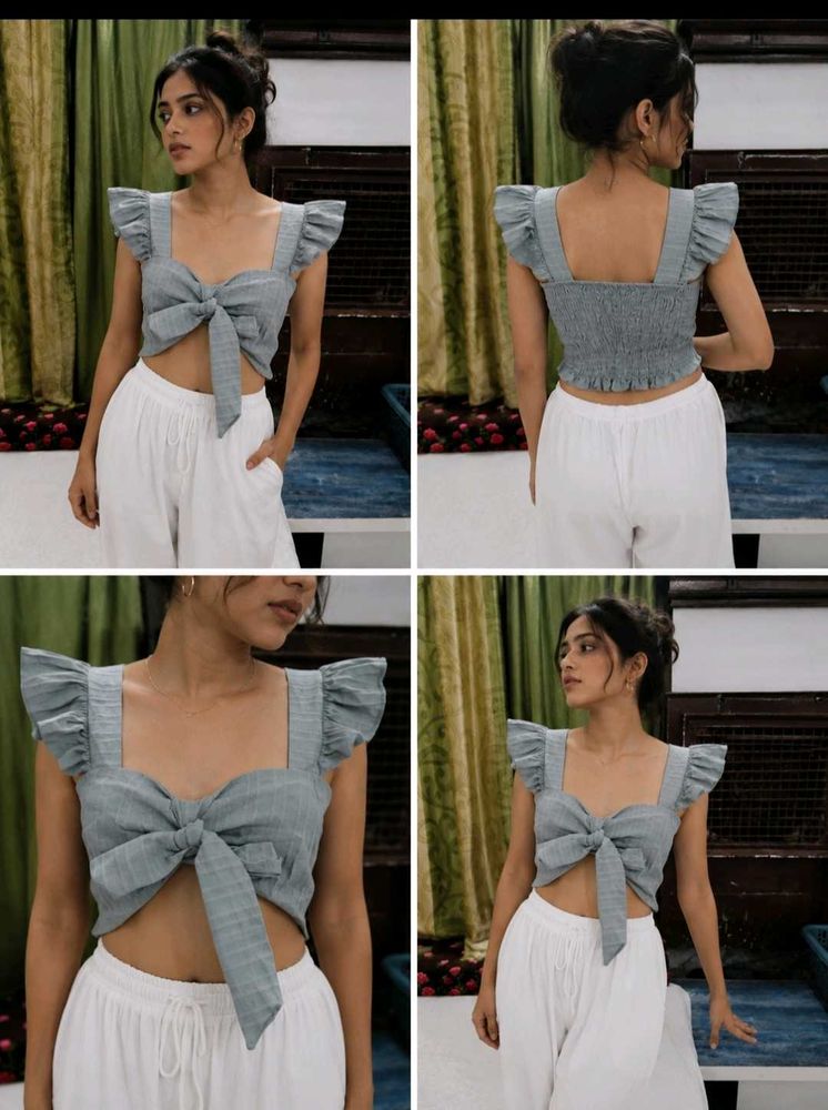Women's Grey Checkered Ruffle Sleeve Front Tie-Up