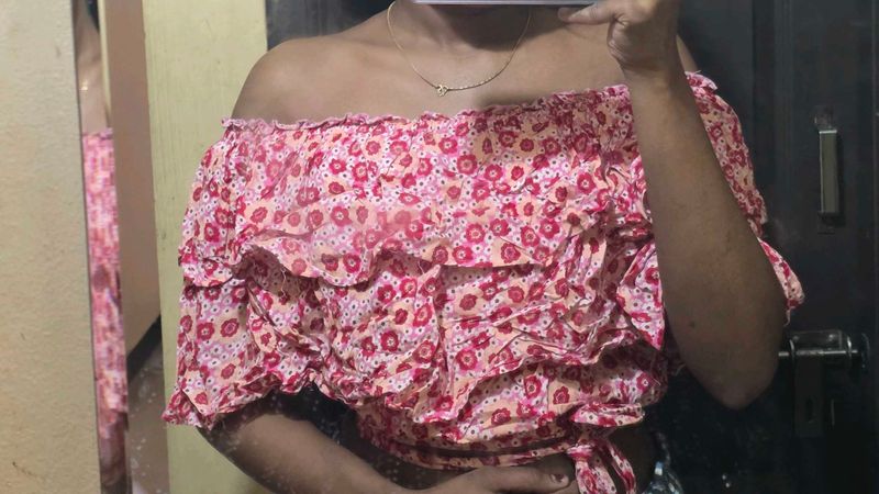 Boho Off-Shoulder Floral Ruffle Crop Top