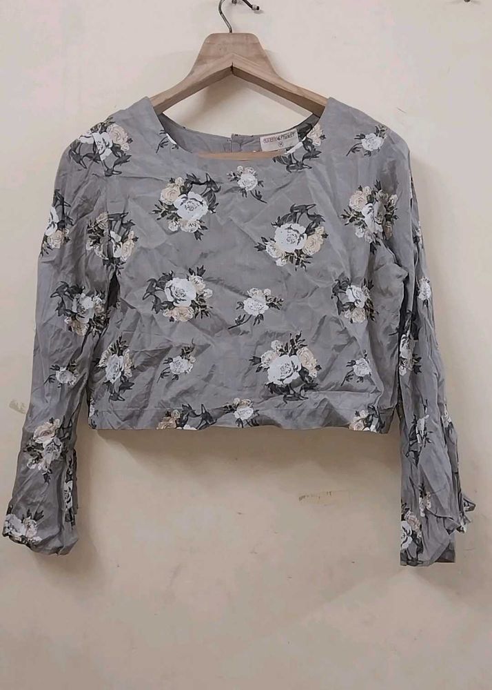 Grey Floral Bell Sleeve Crop Top