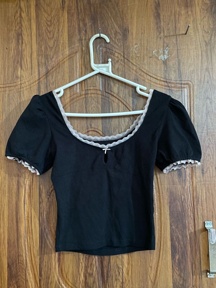 Cute Black Puff Sleeve Lace Trim Top