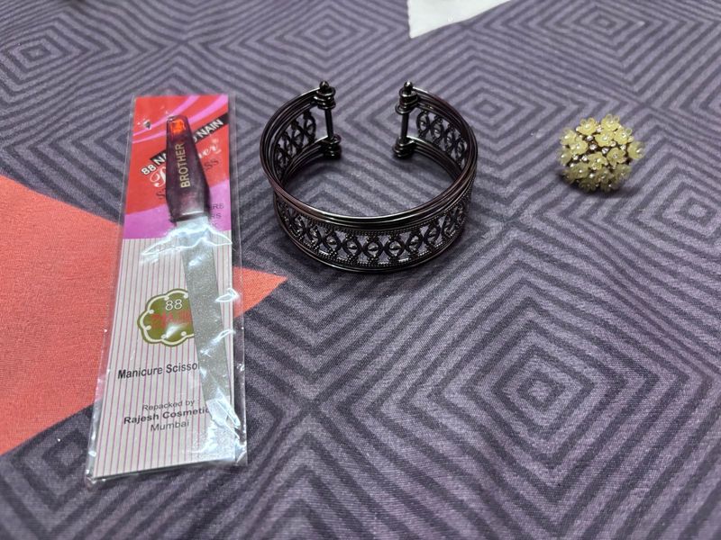 Metal Cuff Bracelet, Studded Ring, Nail Sharpener