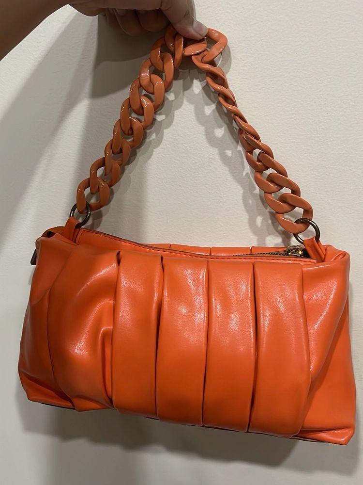 Chic Orange Ruched Hobo Bag
