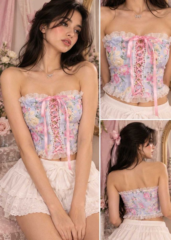 382510. Floral Lace-Up Tube Top