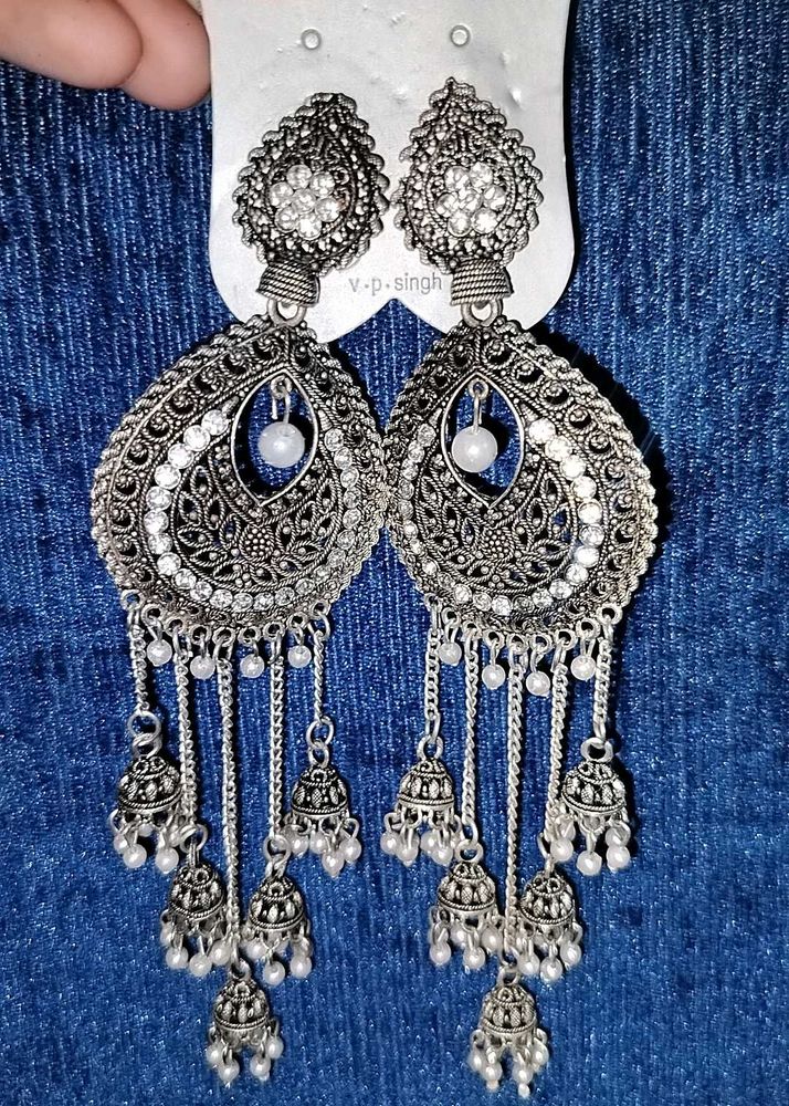 Exquisite Oxidised Jhumka Earrings with Pearl Acce