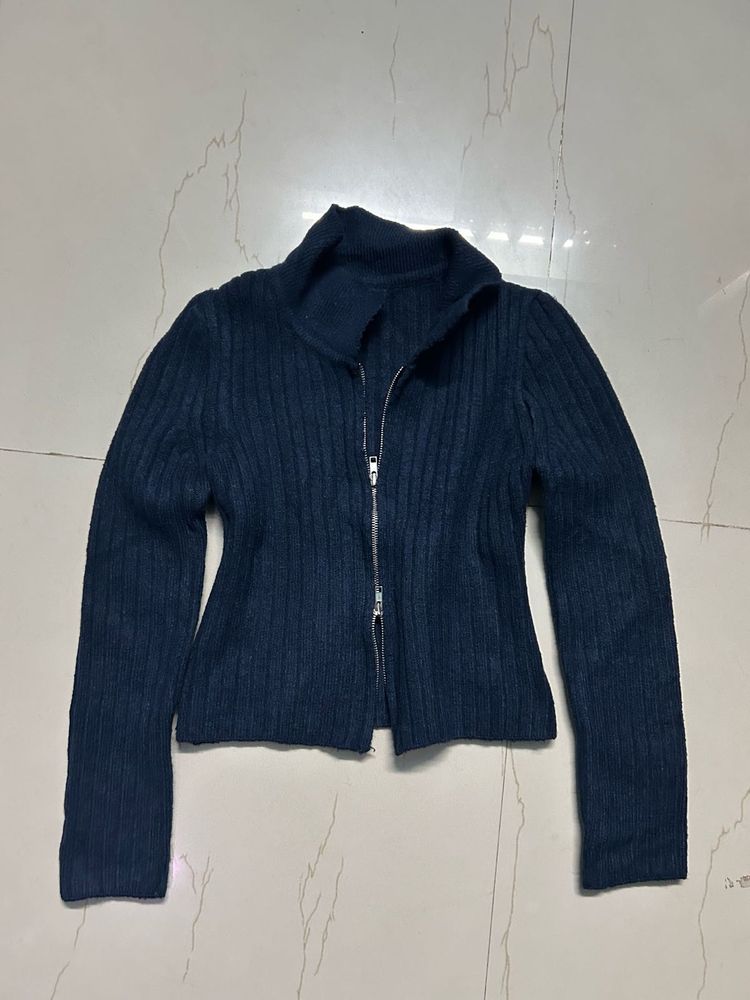 Navy Zip-Up Knit Jacket