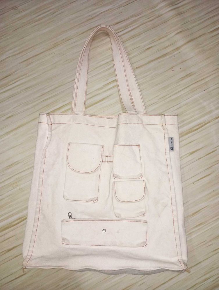 Cream Canvas Tote Bag with Pockets