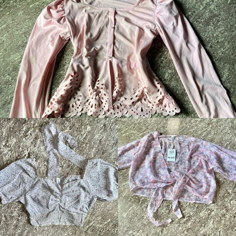 Combo of 3 Sheer Pink Floral Crop Top &amp; Blouse