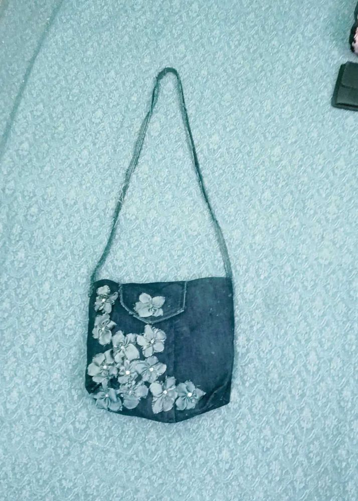 Denim Crossbody Bag with Floral Applique