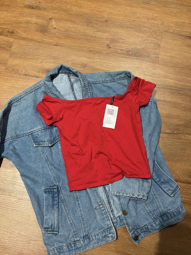 Red Off-Shoulder Top &amp; Denim Jacket