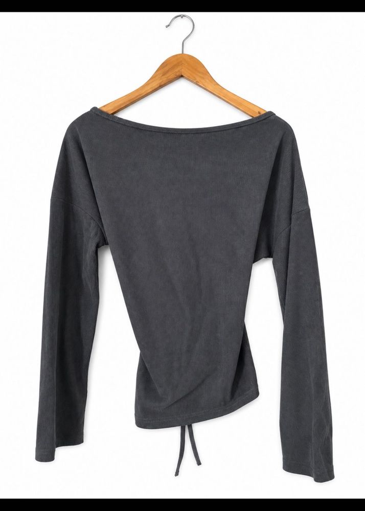 Grey asymmetrical Tie-Back Long Sleeve Top