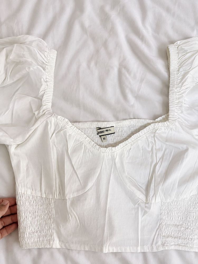 White Puff Sleeve Smocked Crop Top