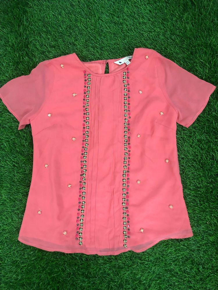 Rumi Beaded Embellished Coral Pink Blouse Top