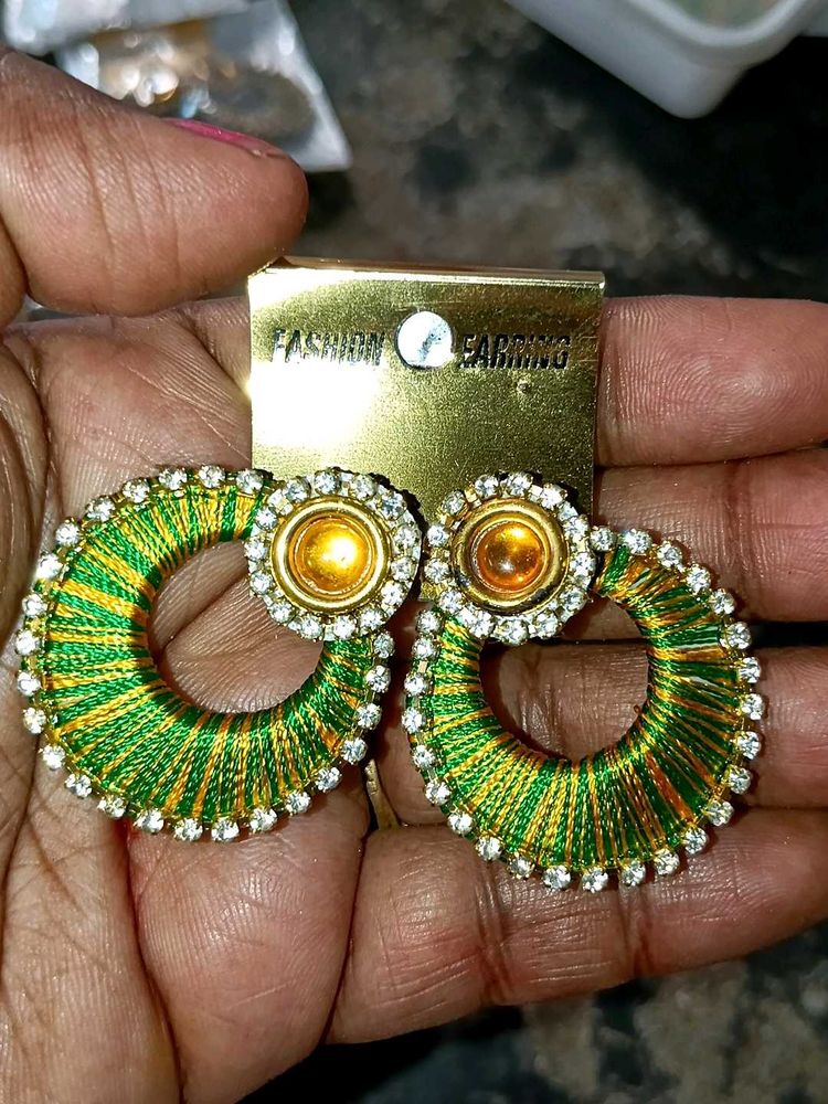 Green &amp; Yellow Silk Thread Earrings