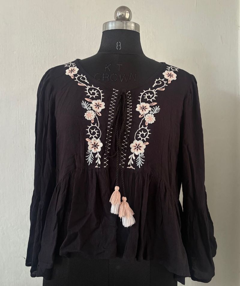 Floral Embroidered Black Peplum Top