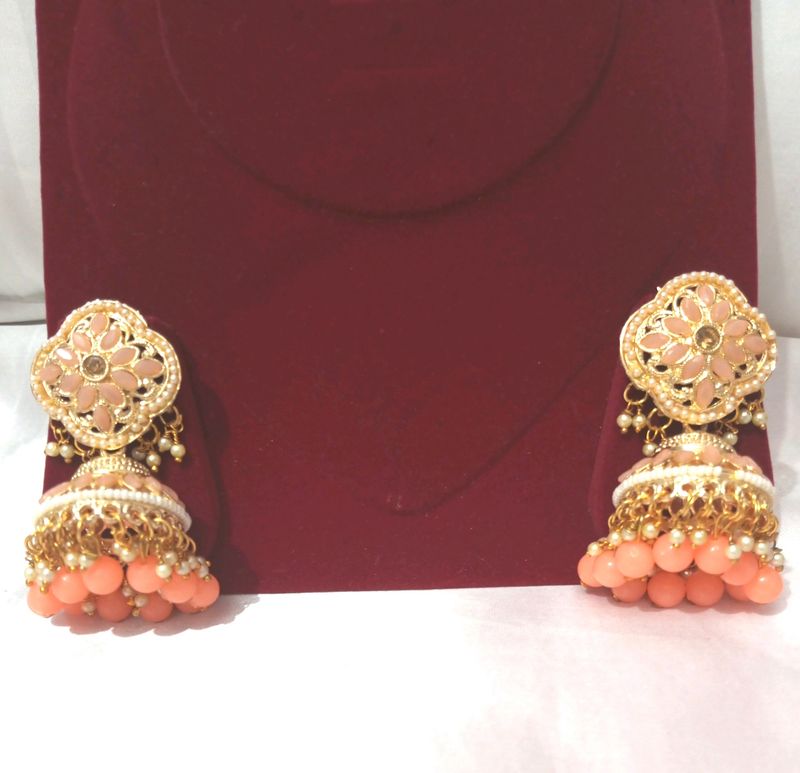 Peach Colour Kundan Jhumke