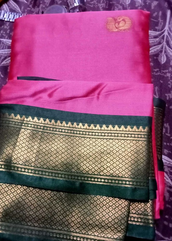 Elegant Pink Silk Saree with Gold Border
