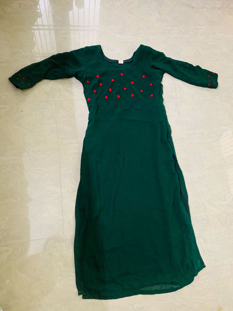 Beautiful Green Kurta with Red Embroidery