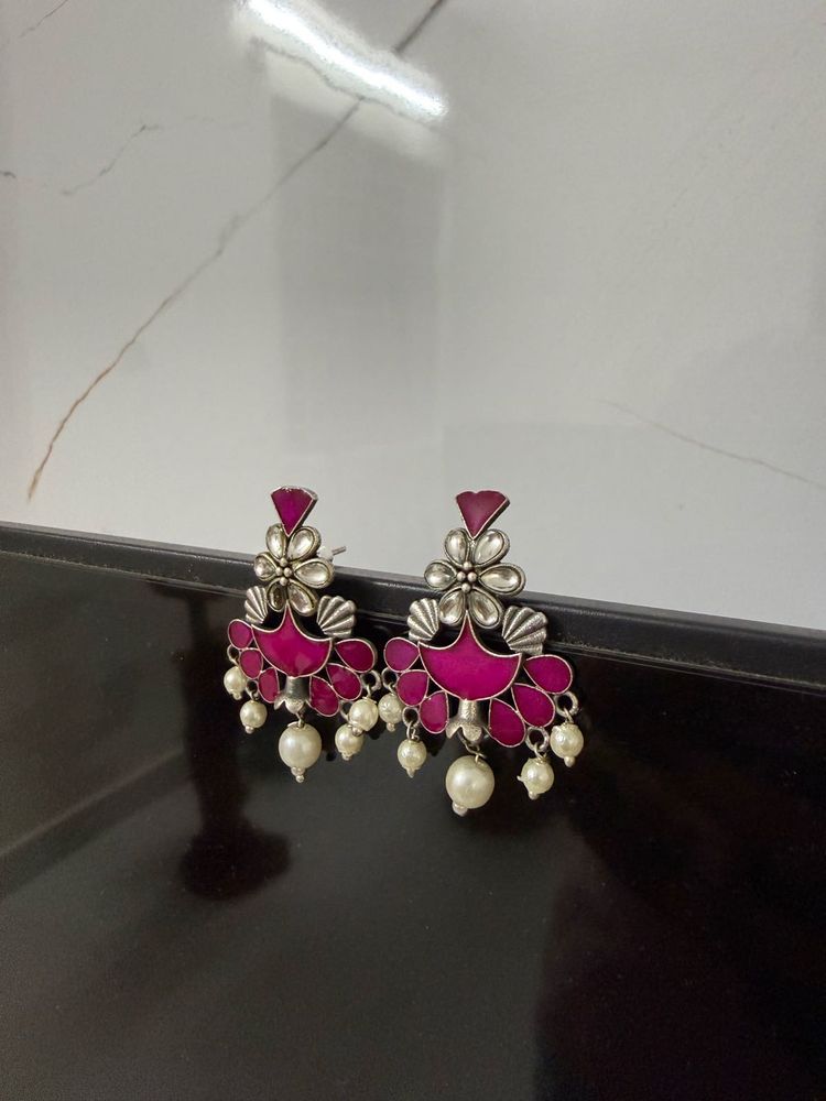 Designer Pink &amp; Pearl Dangle Earrings