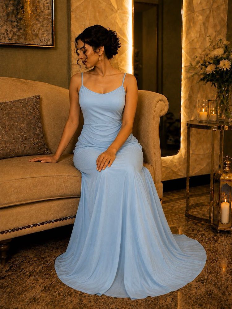 Elegant Blue Spaghetti Strap Maxi Dress