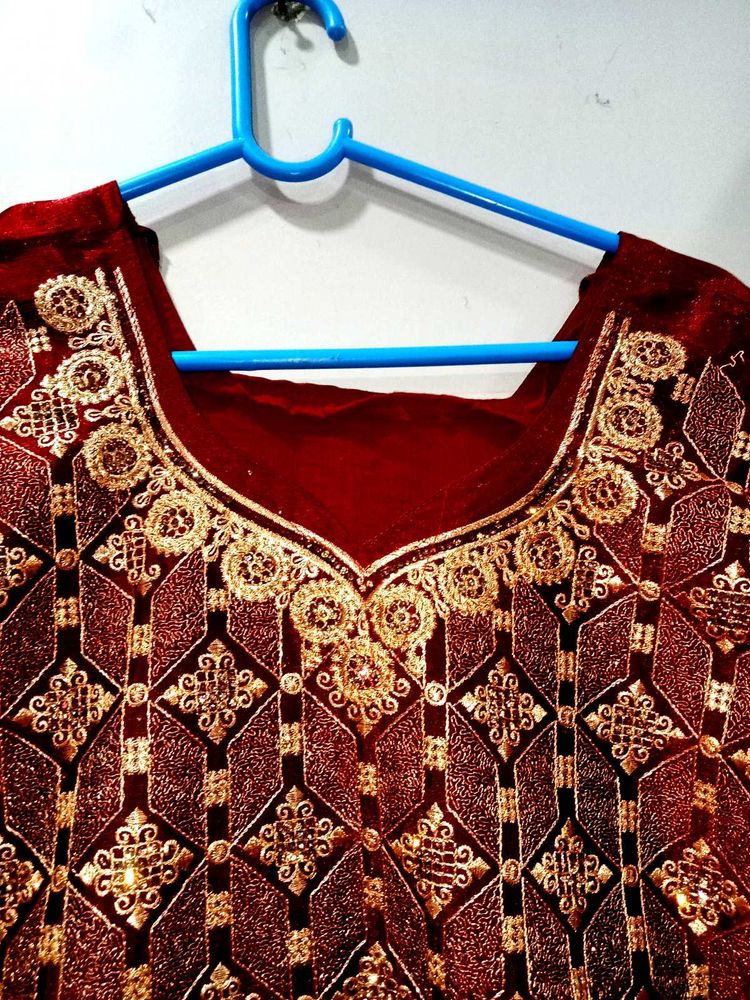 Burgundy &amp; Gold Embroidered Dress